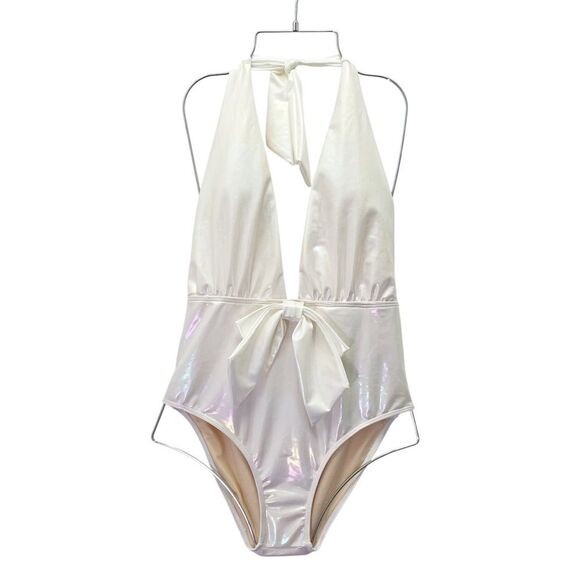 NWT Beach Joy White Metallic Plunge One Piece Swimsuit Size Medium Bridal Bow - Picture 2 of 16